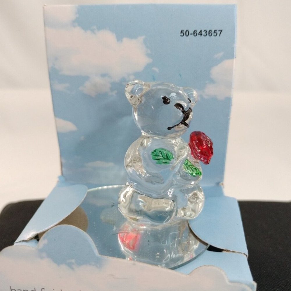 Ornament Teddy Bear Figurine Glass Bear Holding a Rose
